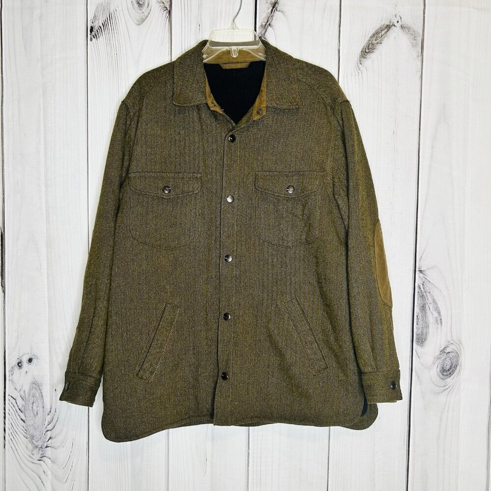 Talbots Mens Wool Blend Coat Sz M Brown Herringbone Fleece Lined Elbow Patches